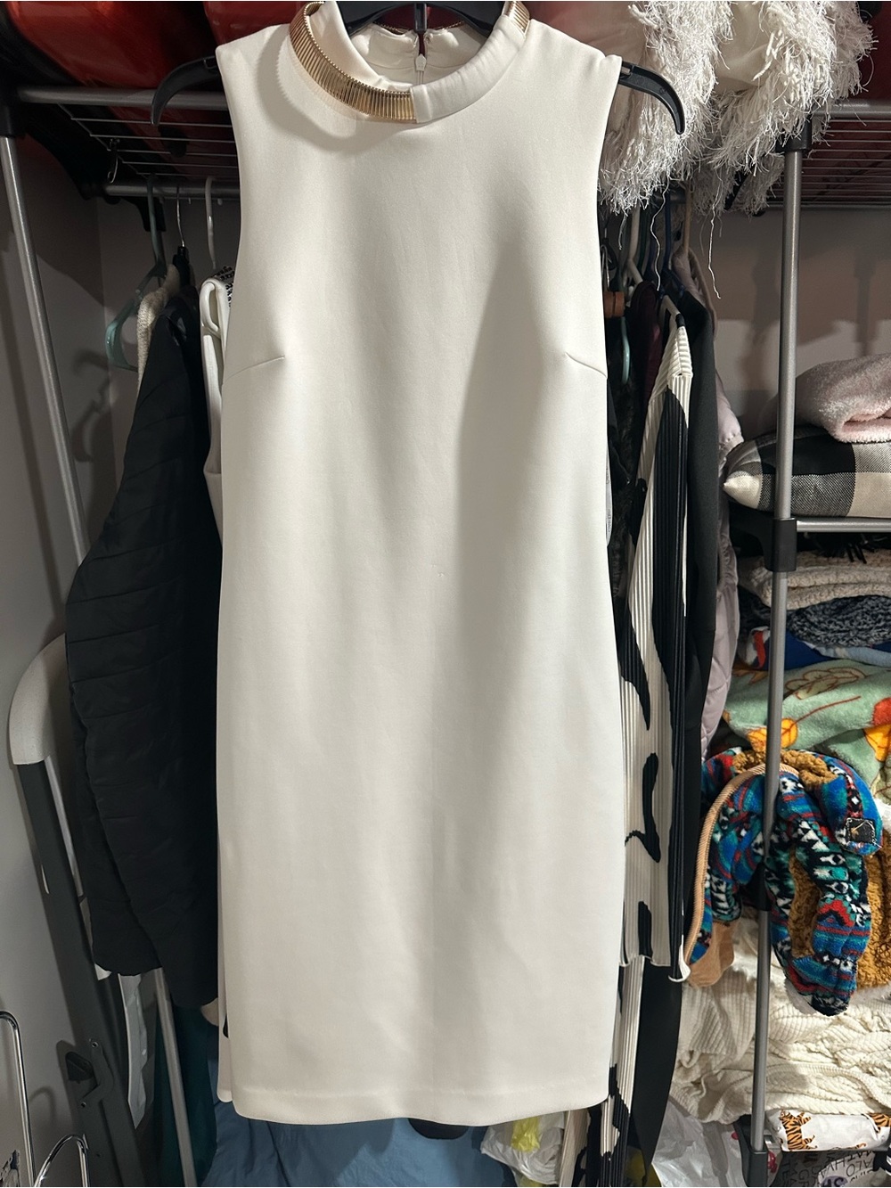 Calvin Klein Ivory Sleeveless Shift Dress with Gold Neck Accent